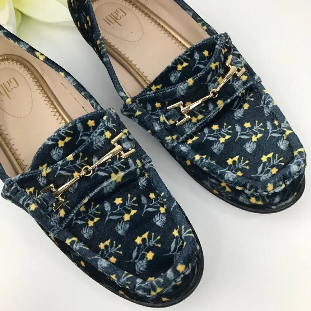 Cabi Carnaby Blue Velvet Floral Slip On Penny Loafer